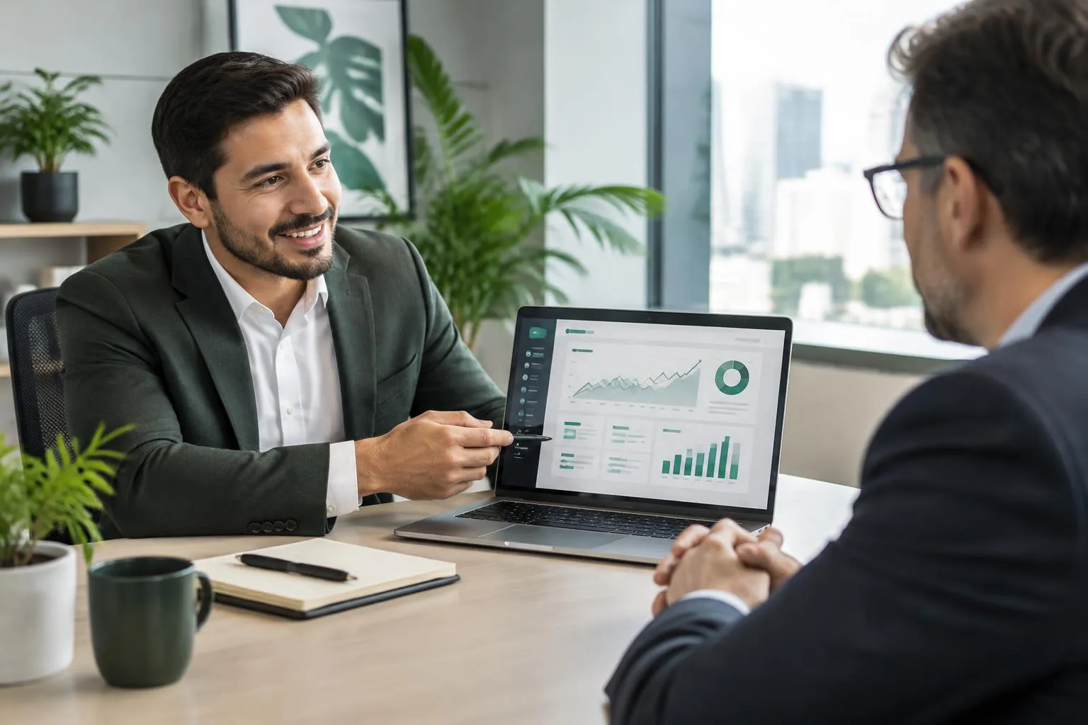 Vendedor usando IA para fechamento de vendas no notebook durante uma negociação com cliente